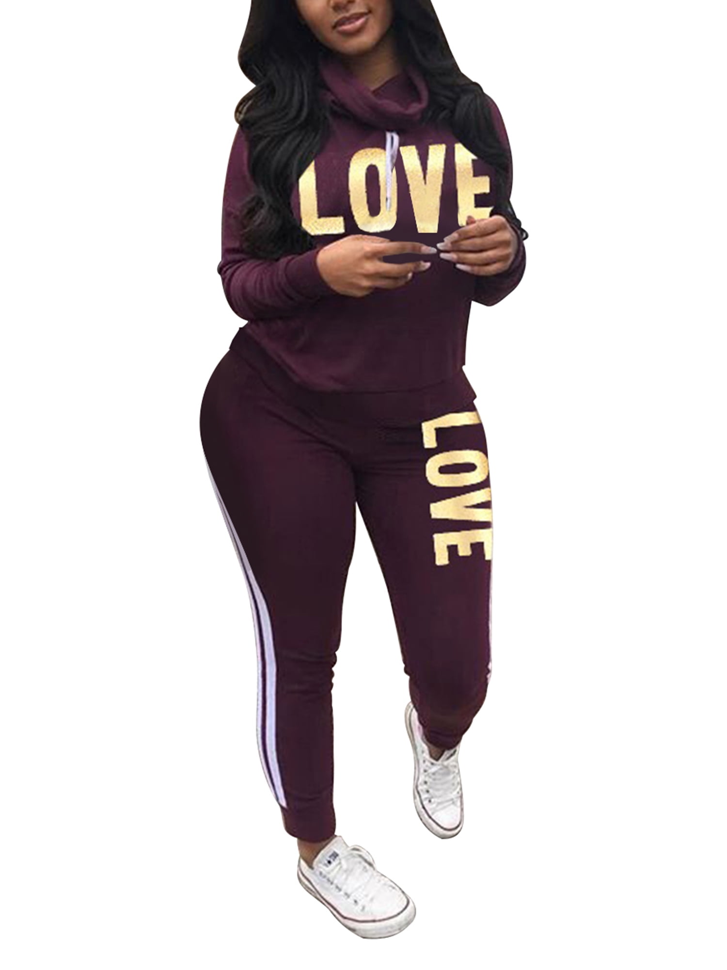 Womens 2 Piece Tracksuit Casual Long Sleeve Up Outfit Striped Pants Hoodie Set 