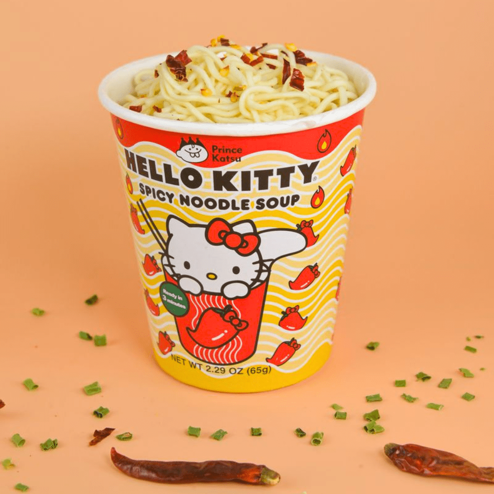 A-SHA Hello Kitty Instant Ramen Noodle Cup, 6 Pack Vegan Spicy Flavor, Premium Microwaveable Ramen Soup Mix