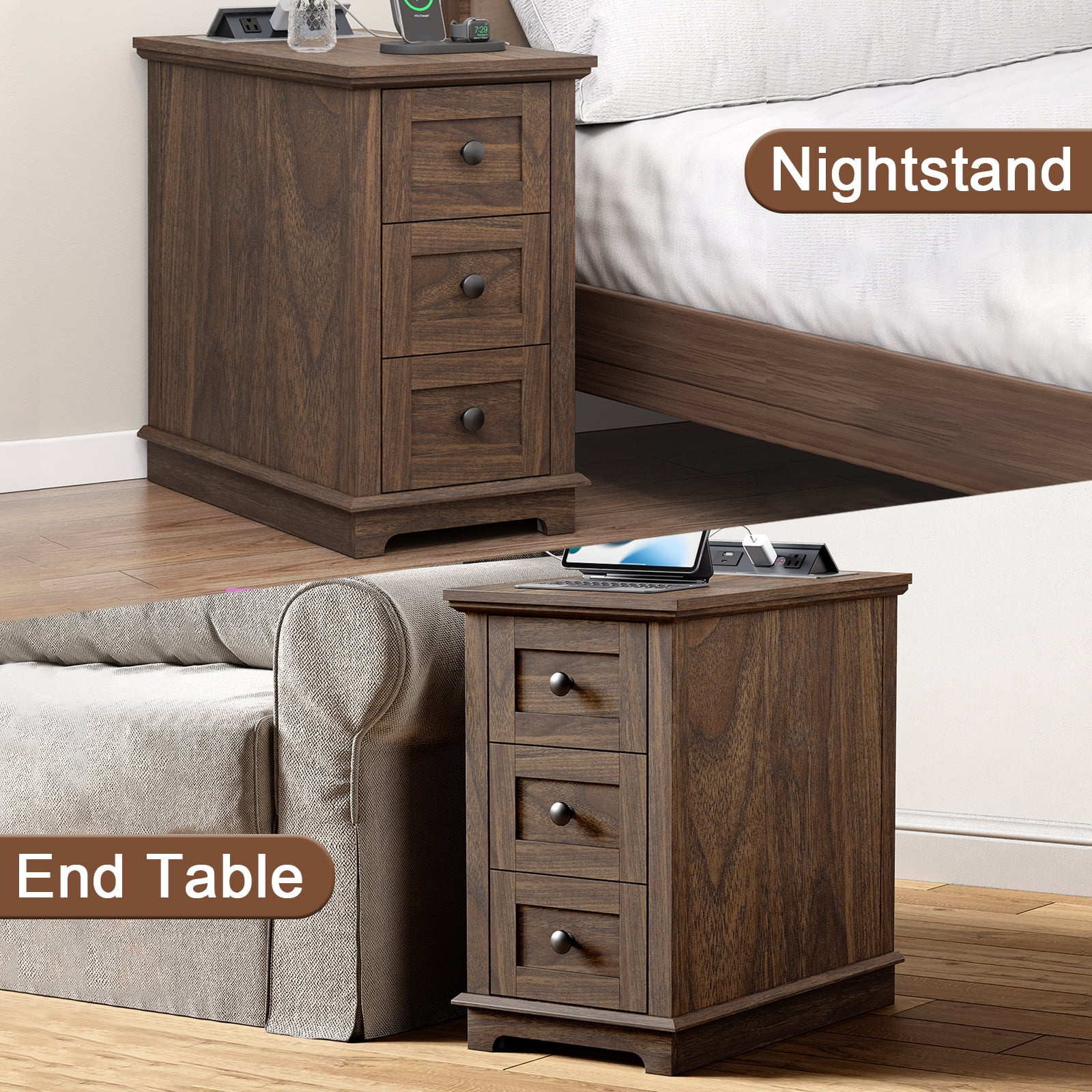 FAGAGA End Table with 3 Drawers for Living Room,Nightstand Sofa Side Table with Charging Station,Dark Walnut