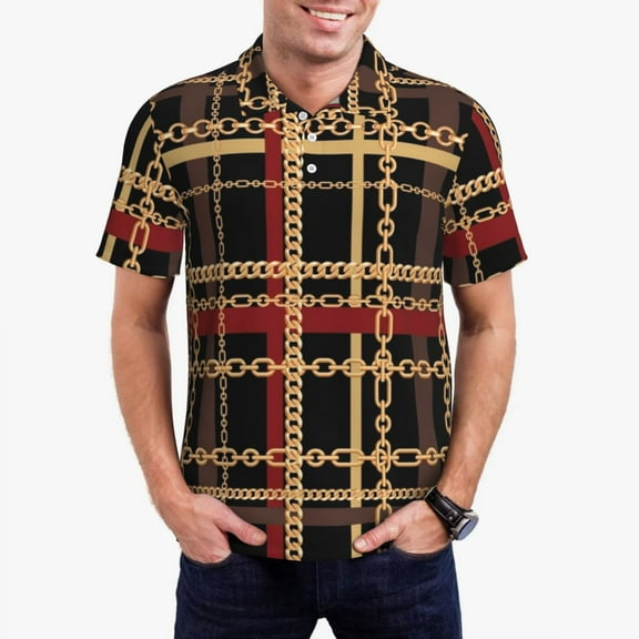 Gold Chain Print Casual T-Shirts Black and Red Plaid Polo Shirts Turn Down Collar Street S