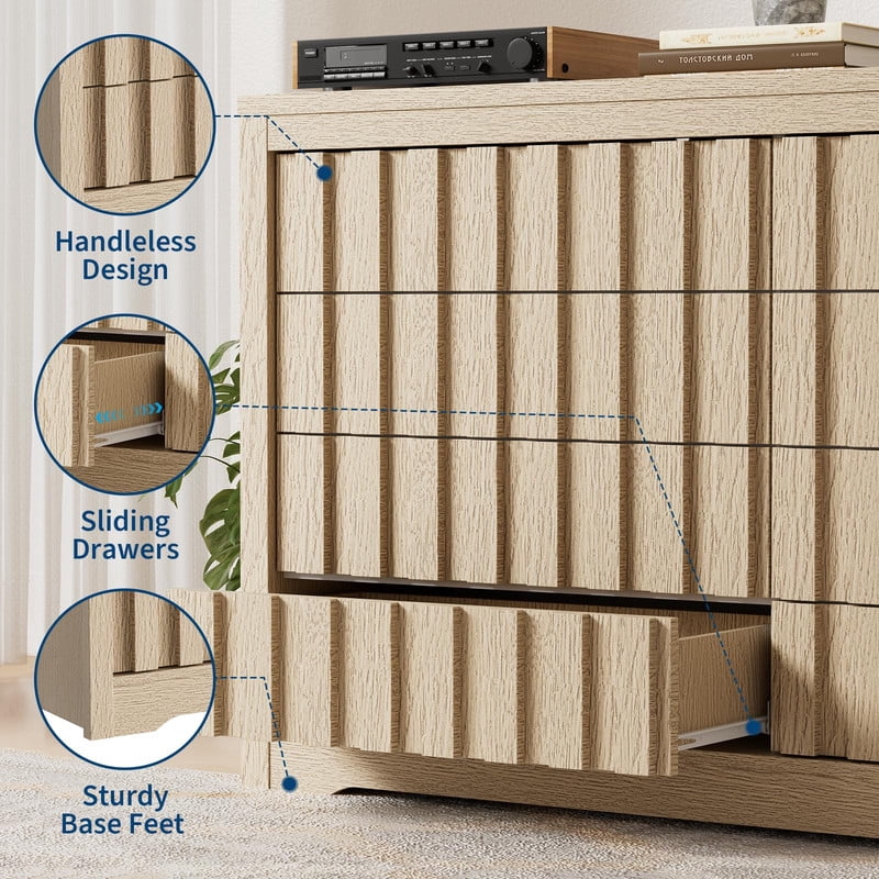TROPOW Modern Fluted Dresser for Bedroom, Wooden Chest of Drawers, Handleless Storage Organizer with Deep Drawers for Clothes, Living Room or Hallway Furniture