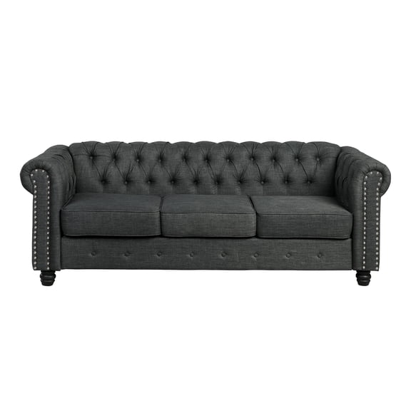 Morden Fort 3-Seater Chesterfield Sofa Couch with Rolled Arms and Wooden Frame, Living Room, Bedroom, Office, Charcoal Grey