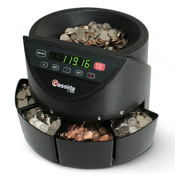 Cassida C100 Electronic Coin Sorter/Counter, 110 VAC Automatic Coin Sorter, Sorts and Counts Pennies, Nickels, Dimes and Quarters, 250 Coins/Min