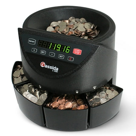 Cassida C100 Electronic Coin Sorter/Counter, 110 VAC Automatic Coin Sorter, Sorts and Counts Pennies, Nickels, Dimes and Quarters, 250 Coins/Min