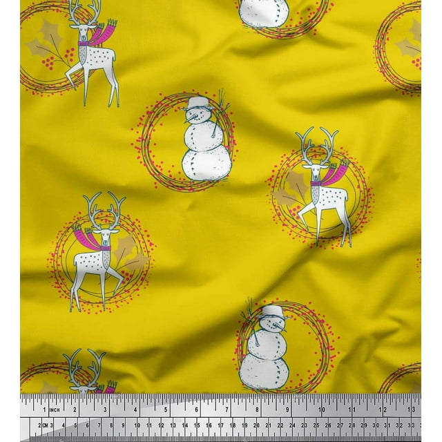 Soimoi polyester Crepe Fabric Wreath,Snowman,Reindeer Animal Fabric Prints By Yard 52 Inch Wide