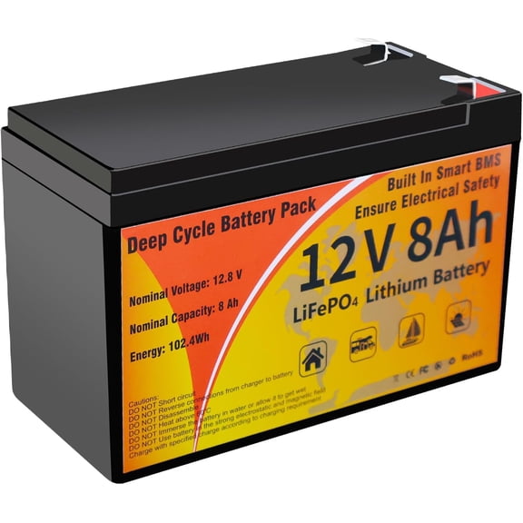 12V 8Ah LiFePO4 Lithium Battery, LiFePO4 Battery Built-in BMS, 4000 Deep Cycles 8Ah Lithium Iron Phosphate Batterys Waterproof for Solar, Small UPS, Power Wheels, Fish Finder, Camping