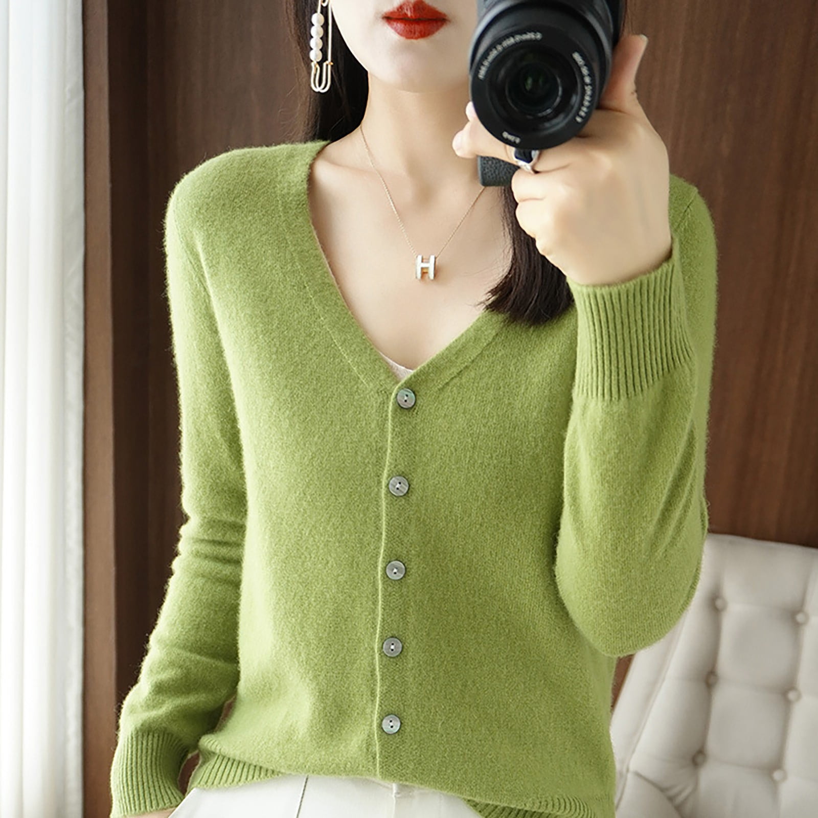 Women's Spring Autumn V-Neck Loose Knitwear Long Sleeve
