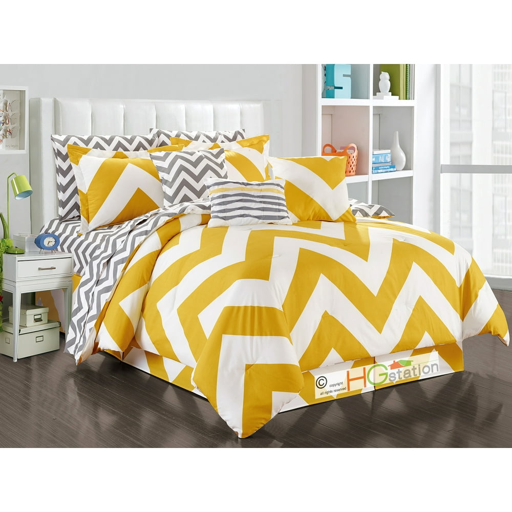 11Pc Striated Chevron ZigZag Reversible Comforter Sheet Set Yellow