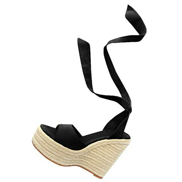 Buy Womens Open Toe Tie Lace Up Espadrille Platform Wedges Sandals Ankle  Strap Slingback Dress Shoes Black at