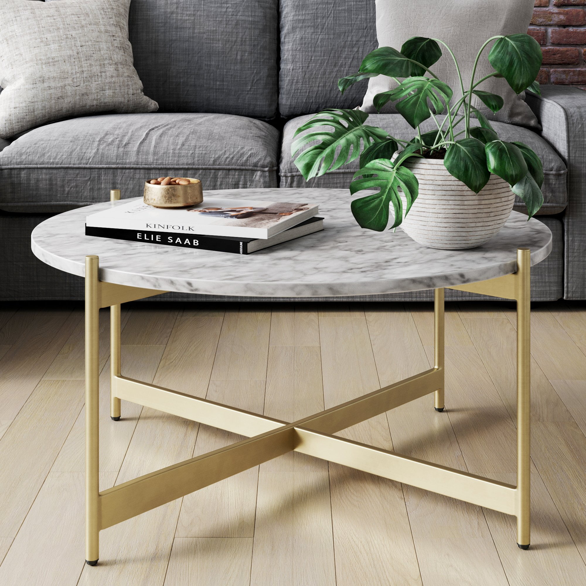 Nathan James Piper White Faux Marble Gold Brass Metal Frame Round Modern Living  Room Coffee Table - Walmart.com