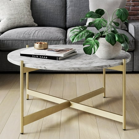 Nathan James Piper White Faux Marble Gold Brass Metal Frame Round Modern Living Room Coffee Table