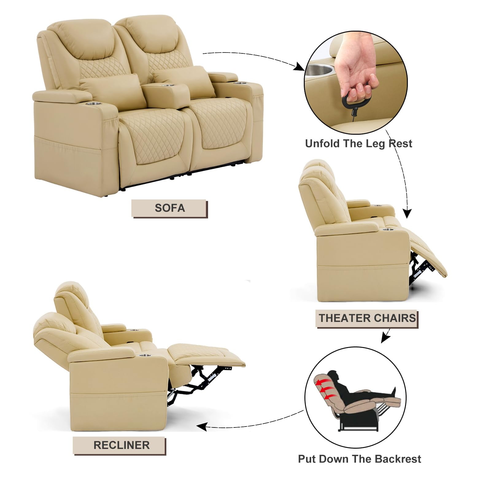 61" RV Loveseat Recliner, Double Recliner Furniture with 3 Arms and 2 Pillows, Wall Hugger Recliners & 135° Reclining Theater Seating (Beige PU Leather RV Couch)