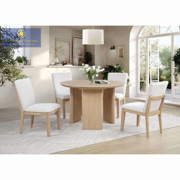 5-Piece Wood Round Dining Set, Upholstered Modern Dining Room Table and Side Chairs Set, Light Oak