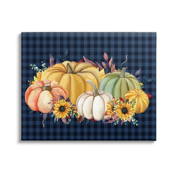 Sunflowers & Pumpkins Botanical Arrangement Blue Tartan Pattern Botanical & Floral Graphic Art Gallery-Wrapped Canvas Print Wall Art