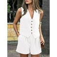 thumbnail image 2 of Women'S Summer 2 Piece Outfits Sleeveless Matching Sets Button Down V Neck Vest Waistcoat and Pockets Shorts White XL, 2 of 7