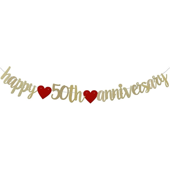 Happy 50TH Anniversary Banner Sign Gold Paper Glitter Party Decorations for 50TH Wedding Anniversary Party Supplies Letters Gold Pre-Strung