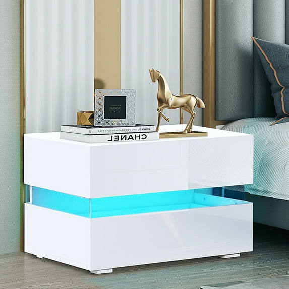 Hommpa LED Nightstand 2 Drawers High Gloss Bedside Table for Bedroom Home Furniture White