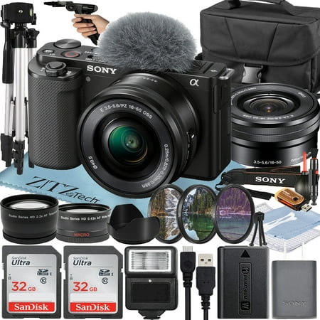 Sony Alpha ZV-E10 Mirrorless Vlog Camera with 16-50mm Lens + 2 Pack 32GB Memory Card + Flash + Tripod + Case + ZeeTech Accessory Bundle (Black)