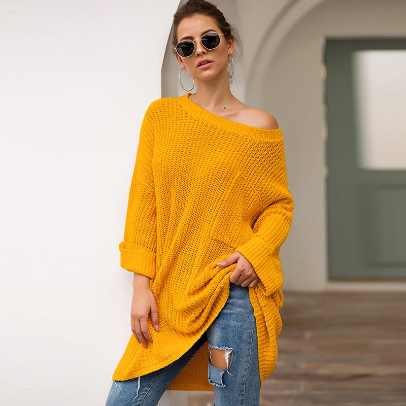 Women Plus Size Knitted Sweater O-neck Long Sleeve Pocket Jumper Pullover Loose Knitwear Black/Pink/Yellow