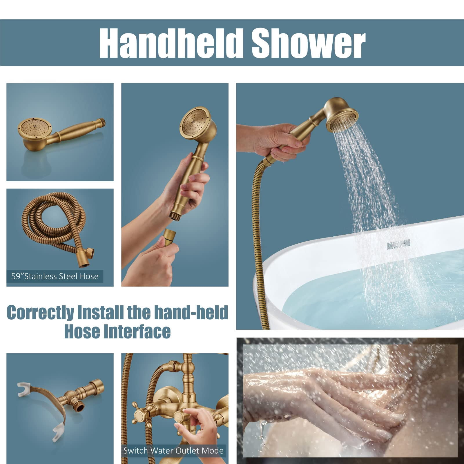 Wall Mount Bathtub Faucet Antique Brass Cross Handle with Handheld Sprayer