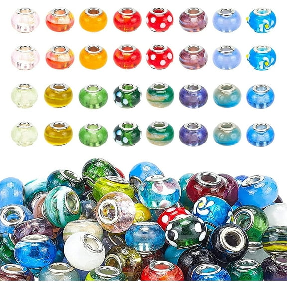 100pcs Lampwork Glass European Beads Large Hole Beads Mixed Handmade Garden Decor Beaded Loose Slide Beads Hole: 5mm