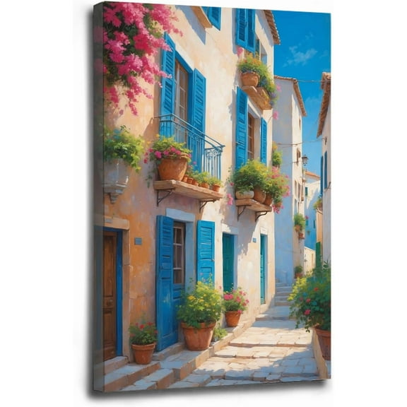 AVOI Italy Painting Oil Canvas Wall Art Pic13 Mediterranean Cityscape Artwork Italian Sea Picture Modern City Street Decoration Landscape Prints for Paris Cafe Room Decor Unframe: 12x18in