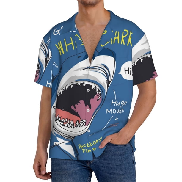 Balery Great White Shark Camisa Casual de Manga Corta con Botones para Hombre, Texturizada, Estilo Cubano, para Playa, Verano-3X-Large