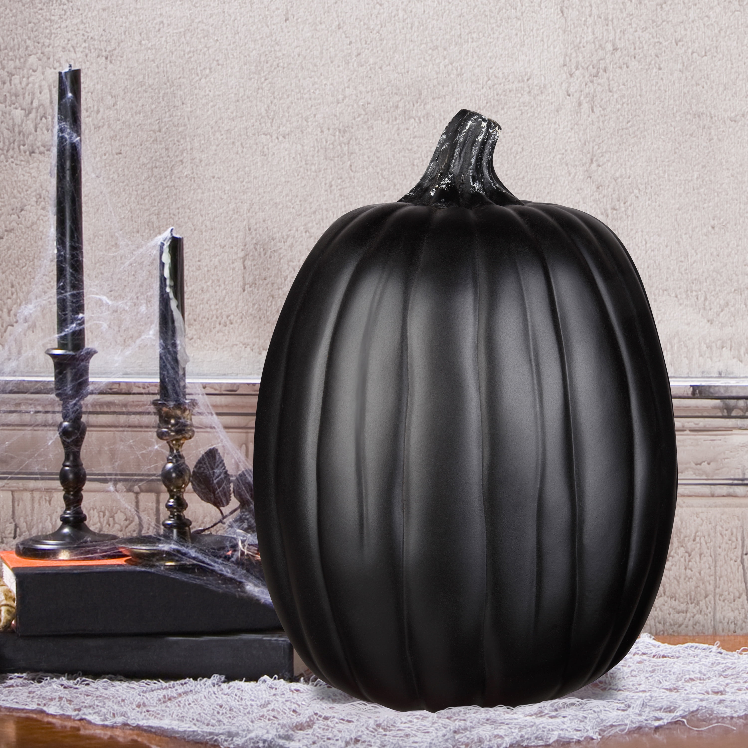13-Inch Black Craft Pumpkin with Black Natural Stem for Outdoor Decoration