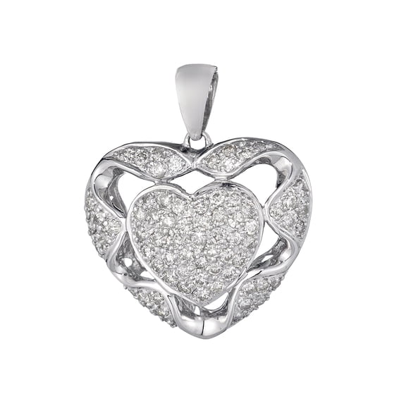 14K White Gold Fancy Ladies Heart Pendant with Diamonds 1.00 ct.t.w & 14k white gold 16 inches chain