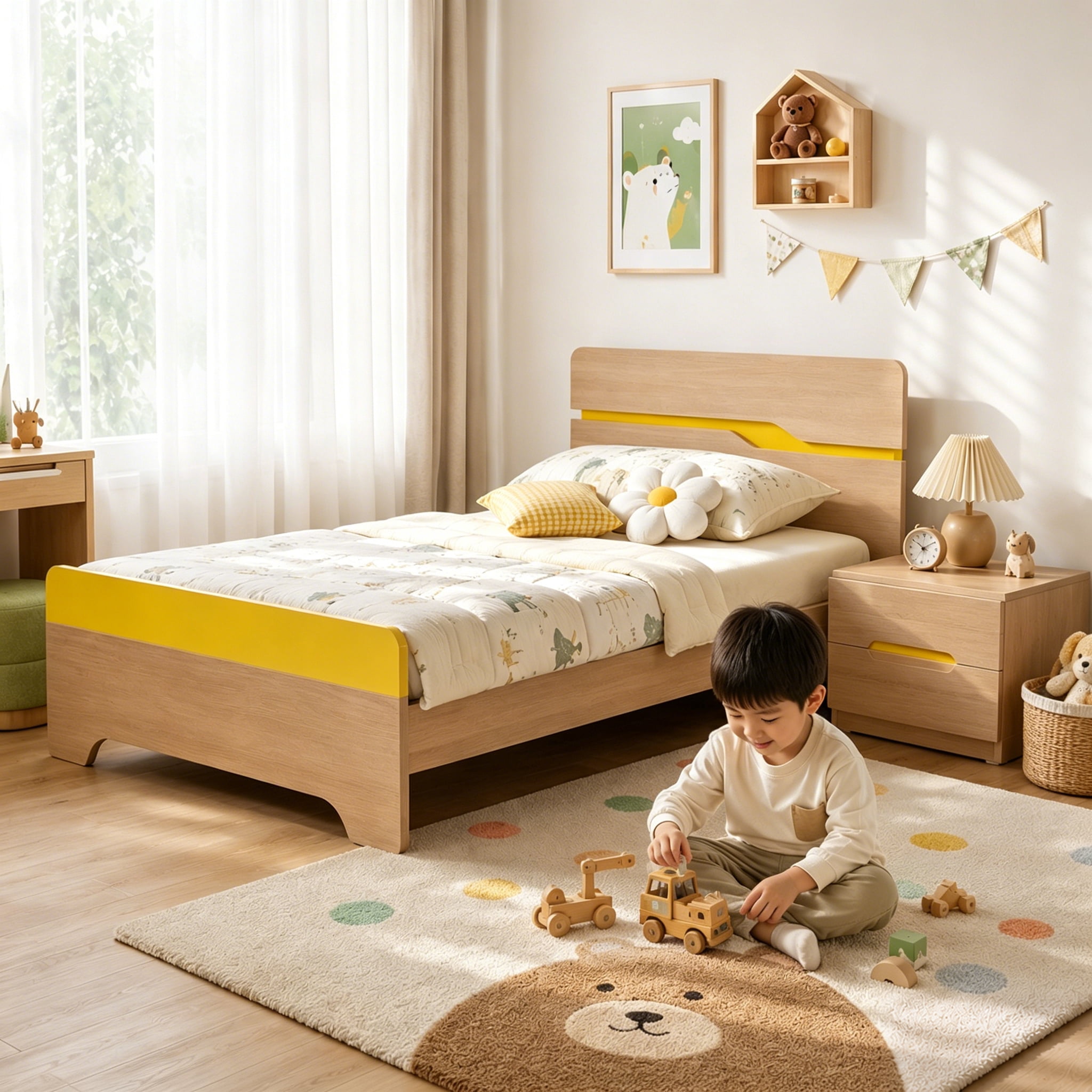 Twin Kids Bed Frame with Slatted Support System, Durable Wood Platform Bed with Thickened Engineered Wood Construction, Modern Bedroom Furniture for Children and Teens