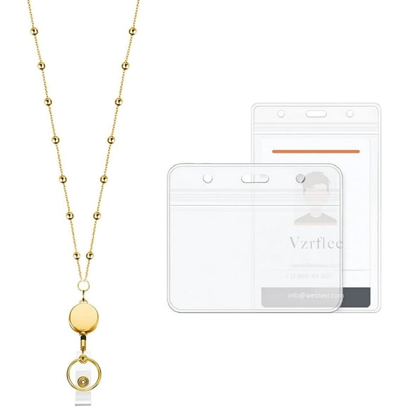 Retractable Badge Reel Lanyard with 2 Pieces ID Holder for Women, Fashion Beaded Chain Premium Stainless Steel Lanyard Necklace Water Resistant Name Badge Holder (Gold)
