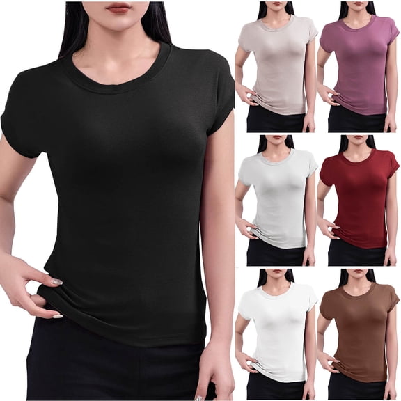 SROBPTY Womens Summer Casual Solid Short Sleeve Stretch T Shirt Crew Neck Basic Tops