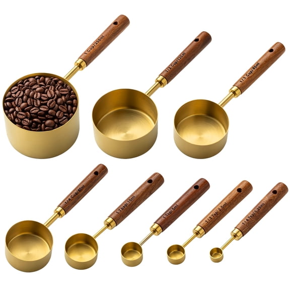 8 Pcs Measuring Spoons Set, Golden Stainless Steel Measuring Cups with Wooden Handle, Nesting Kitchen Measuring Set for Dry and Liquid Ingredients, Cooking, Baking, Food Preparation