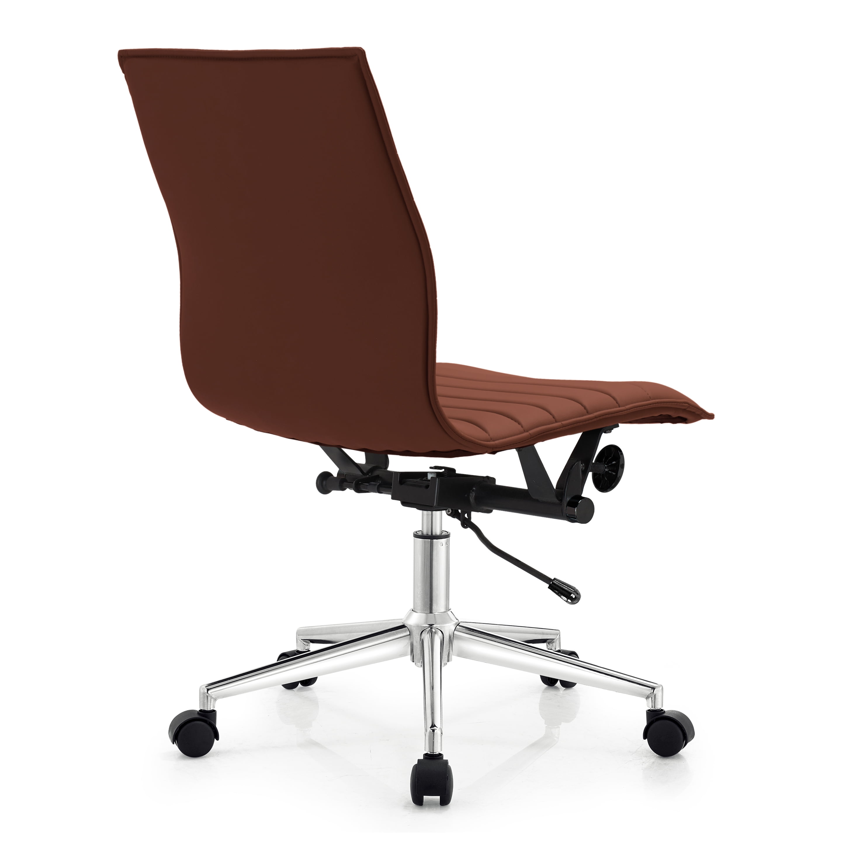 Homelala Brown Modern Mid Back Office Chair Ribbed PU Leather Swivel Tilt Adjustable Chair Designer Boss Executive Manager Office Conference Room Work Task Without Arms Armrests, Set of 1, 1 piece