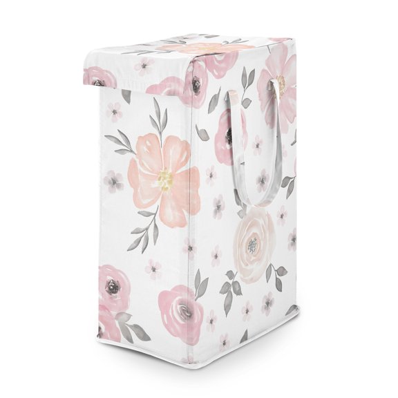Watercolor Floral Pink And Grey Foldable Laundry Hamper with Handles Girl by Sweet Jojo Designs