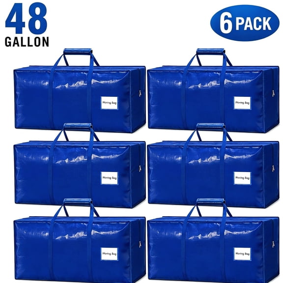 Fehomix 6-Pack Extra Heavy Duty Moving Bags with Zippers, Large Storage Bags for Clothes, College Moving Supplies, Christmas Decor - Reinforced Handles & Durable Fabric for Secure Packing, Blue