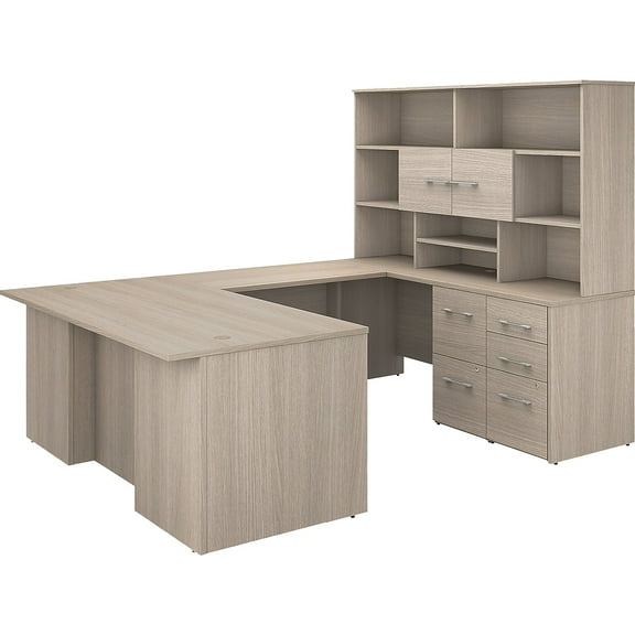 Bush Business Furniture Office 500 71 U-Shaped Desk with Drawers and Hutch Sand Oak OF5003SOSU