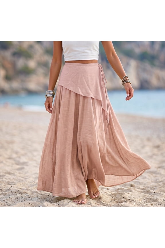 Women Linen Blend Wrap Maxi Skirt Elastic Waist Self Tie Layered Flowy Loose Fit Beach Vacation Casual Long Skirt Pink M Gift