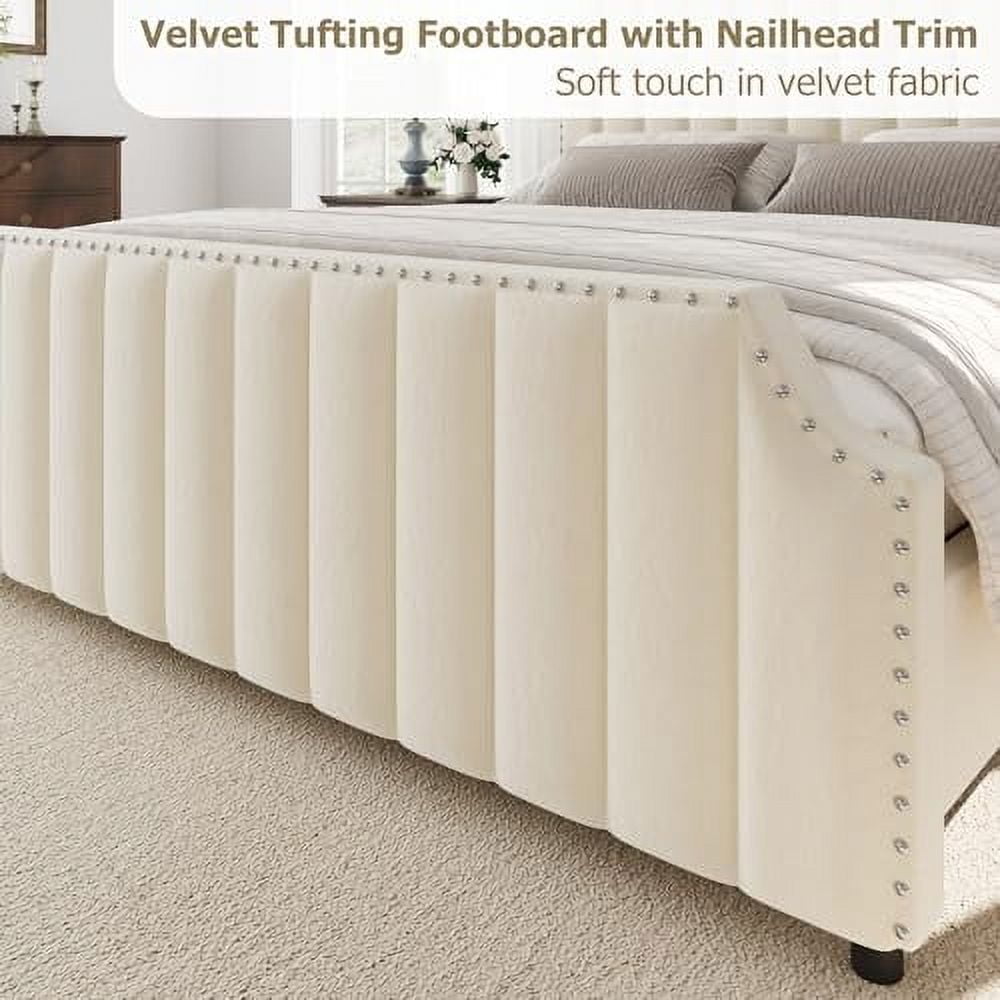 Huisuilinss Queen Bed Frame,Upholstered Platform Bed Frame,Velvet King Size Bed Frame With Nailhead Trim Headboard & Footboard,No Box Spring Needed,Noise Free,Wooden Slats