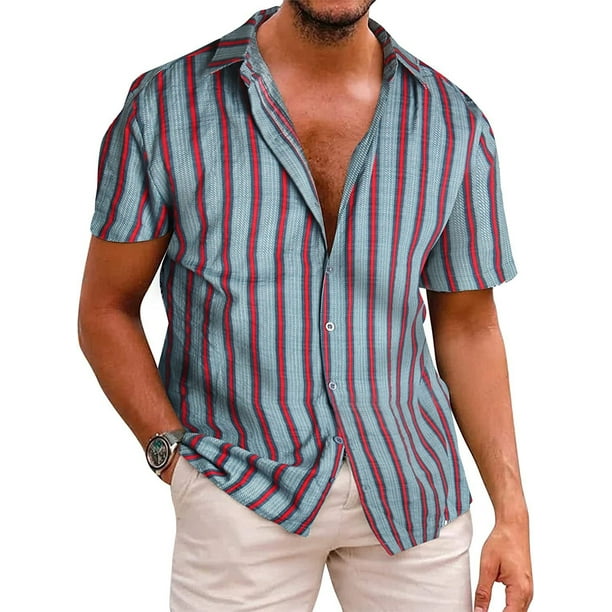 Avamo Men Tops Button Up Summer Shirts Short Sleeve T Shirt Regular Fit  Blouse Daily Wear Tee Style-F XL 
