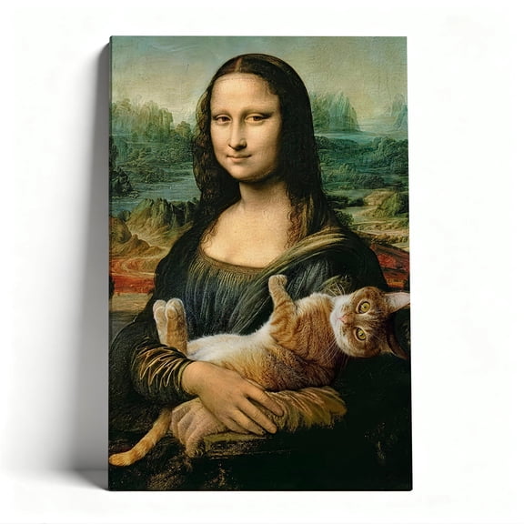 Mona Lisa with Orange Tabby Canvas Wall Art, Playful Classic Art Parody Decor, Whimsical Renaissance Cat Artwork for Living Room, Ready to Hang