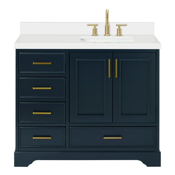 Ariel Stafford 43 Inch Single Right Offset Rectangle Sink Vanity With White Quartz Countertop W/1.5" Edge In Midnight Blue