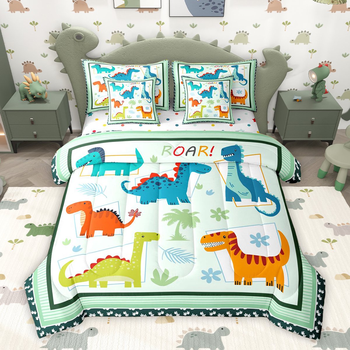 Homewish Teens Dinosaur Animal Bedding Comforter Set 7 Pieces Funny Jungle Wildlife Full Bedding Set Cartoon Flower Leaf Reversible Fitted Sheet Flat Sheet Lightweight Room Decor