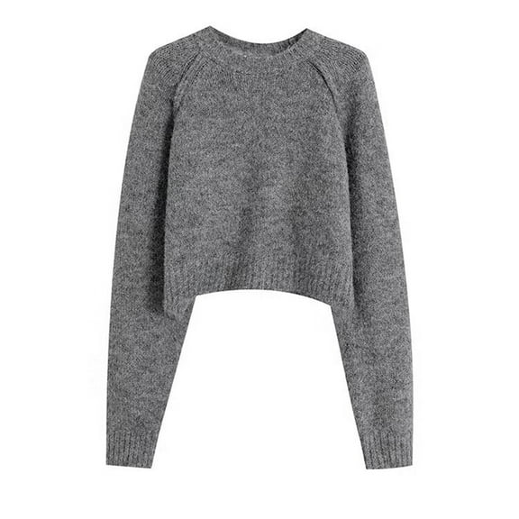 UJNDER Loose Fit Short Knit Sweater for Women Cozy Round Neck Basic Top Lightweight Pullover for Layering Grey A