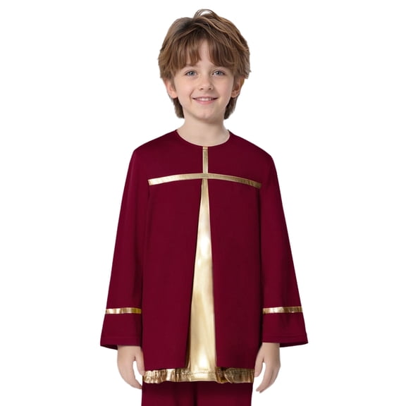 TTAO Kids Boys Liturgical Praise Dance Top Metallic Shiny Cross Pullover Tunic Shirt for Worship Dance Burgundy 16