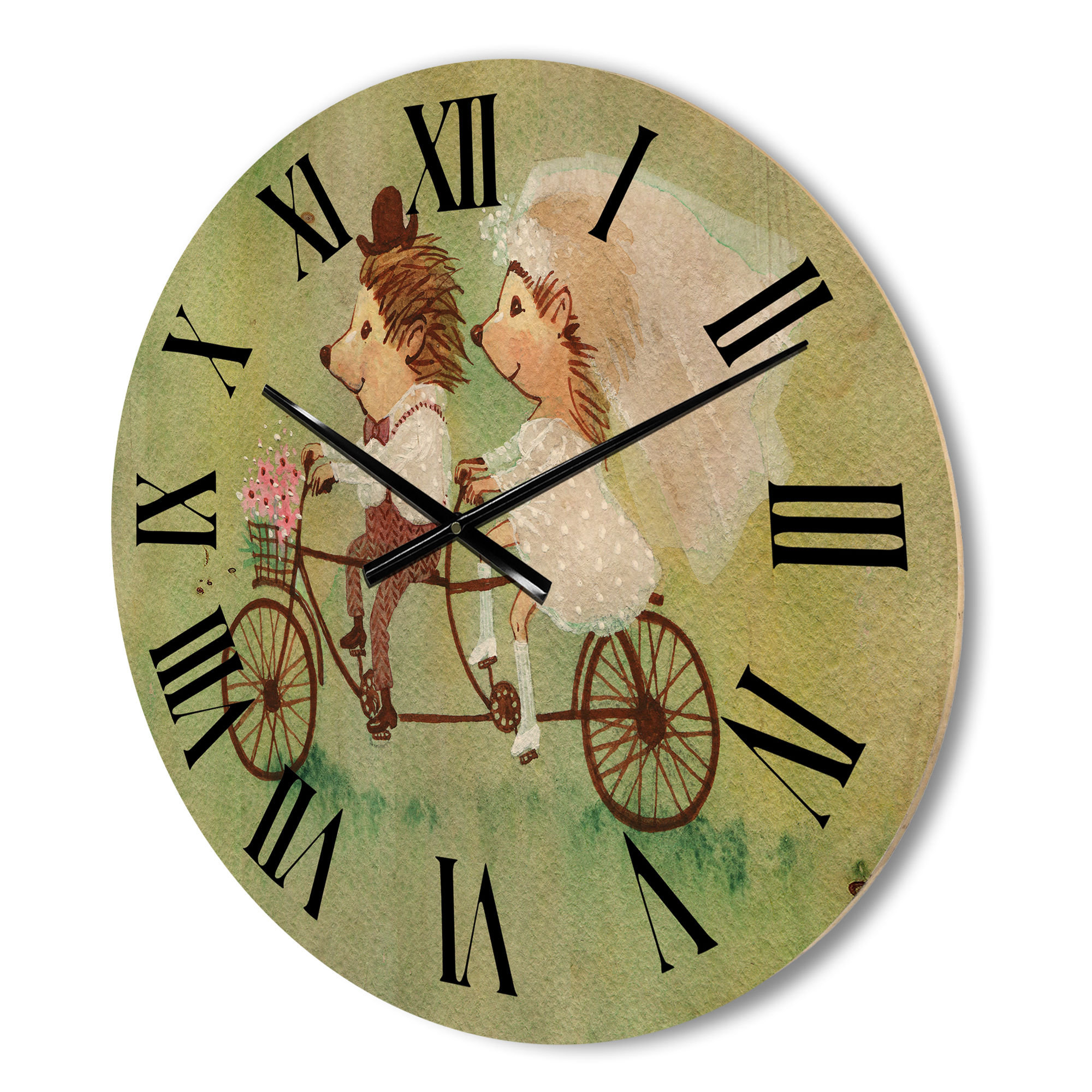 Designart 'Wedding Couple of Hedgehogs Riding A Bike' Traditional Wood Wall Clock