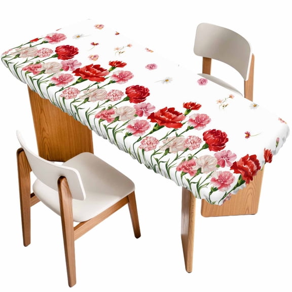 Carnation Flower Table Cloths for 8 Foot Rectangle Tables, Mother's Day Colorful Floral Daisy Patio Waterproof Elastic Fitted Tablecloths, Washable Rectangular Table Cover for Camping