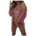 thumbnail image 4 of Women's Fuzzy 3 Piece Lounge Set Soft Comfy Pajama Set Cami Crop Top Shorts and Open Front Cardigan Loungewear Ladies Clothes, 4 of 5
