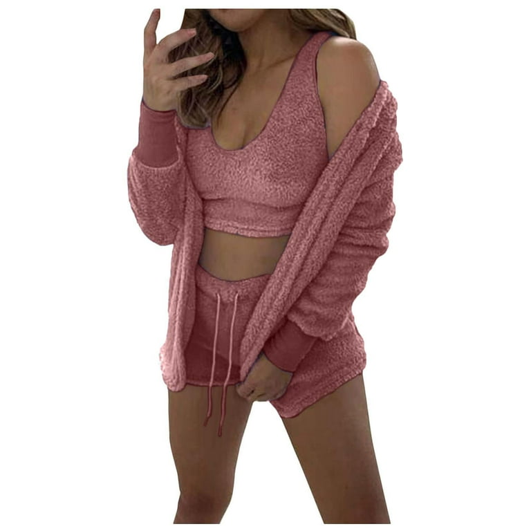 QLEICOM Womens Sexy Fuzzy 3 Piece Outfits Fleece Warm Hooded Cardigan Crop  Top Shorts Set Pajamas Loungewear Pink S, US Size 4 