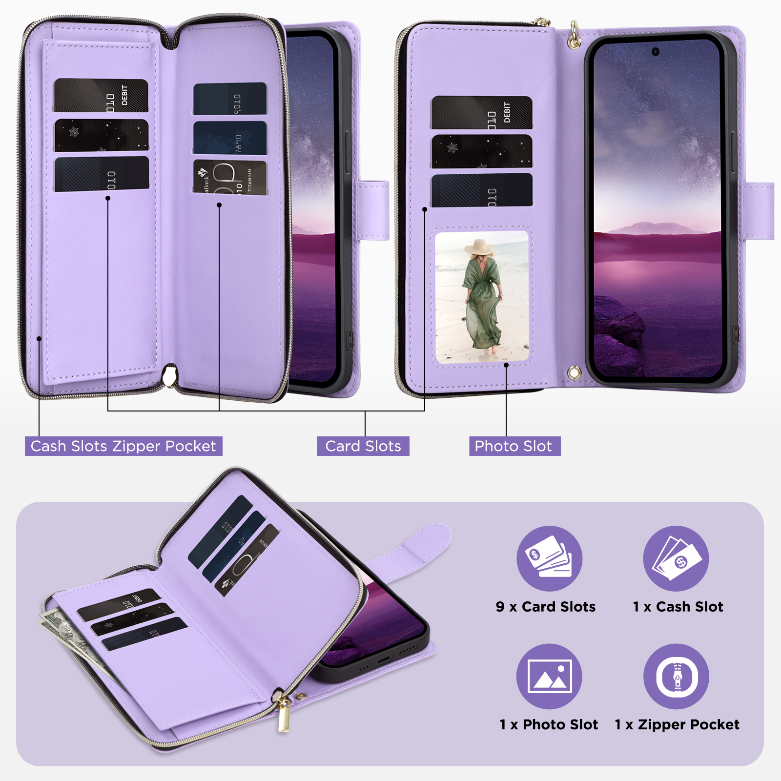for Samsung Galaxy A16 5G Crossbody Wallet Case with 9 Card Holders, Cash Slot, Photo Slot, Zipper Pocket PU Leather Magnetic Snap Wallet Phone Case with Flip Stand & Wrist Strap & Lanyard, Purple